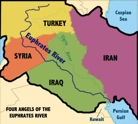 The four angels or countries bound by the Euphrates River in Bible prophecy. Map of Turkey, Syria, Iran, Iraq with the Euphrates River running through them.