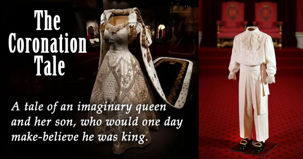 British Throne Coronation Exhibit, Elizabeth 2 coronation dress, Prince Charles coronation outfit. It's all make-believe.