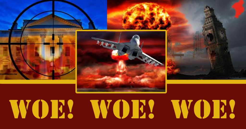 Nuclear war involving UK, USA, Russia. Prophetic Woes, warnings of the bible. DC, London, Nuclear Strike, airplane and nuclear explosion