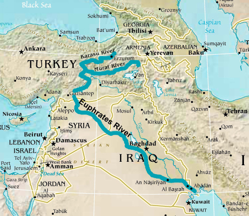 The Euphrates River begins in Turkey, flows through Syria and Iraq, joins the Tigris, and then becomes the Shat al-Arab waterway, that is the border between Iraq and Iran, over which they dispute, and empties into the Persian Gulf